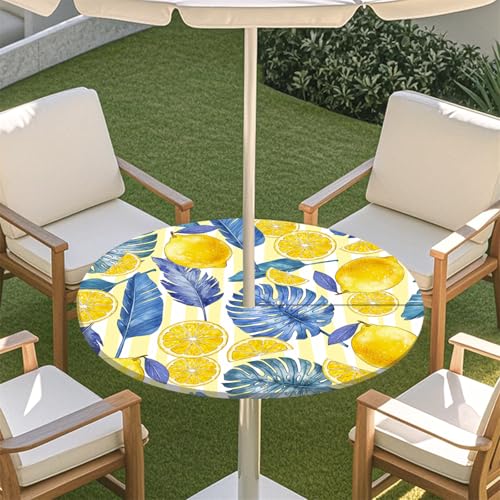 Fasbuy Zitronendruck Rund Tischdecke mit Loch Zipper, Abwaschbar Lotuseffekt Tischdecken, Outdoor Tischdecke, Elastisch Rund Gartentischdecke, Table Cloth für Garten, Parteien (Blätter,M:91-112cm) von Fasbuy