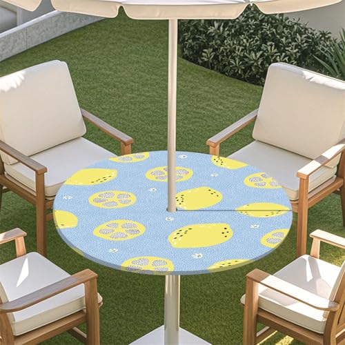 Fasbuy Zitronendruck Rund Tischdecke mit Loch Zipper, Abwaschbar Lotuseffekt Tischdecken, Outdoor Tischdecke, Elastisch Rund Gartentischdecke, Table Cloth für Garten, Parteien (Blau,L:114-137cm) von Fasbuy