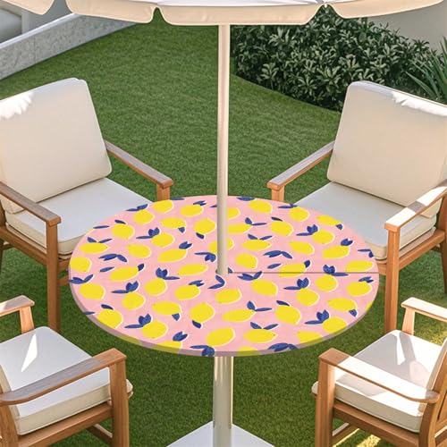 Fasbuy Zitronendruck Rund Tischdecke mit Loch Zipper, Abwaschbar Lotuseffekt Tischdecken, Outdoor Tischdecke, Elastisch Rund Gartentischdecke, Table Cloth für Garten, Parteien (Rosa,S:79-89cm) von Fasbuy