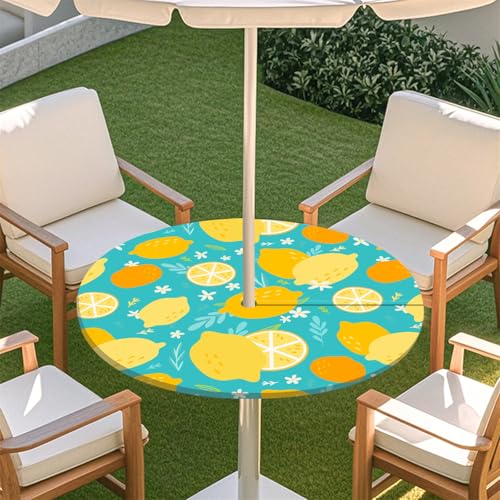 Fasbuy Zitronendruck Rund Tischdecke mit Loch Zipper, Abwaschbar Lotuseffekt Tischdecken, Outdoor Tischdecke, Elastisch Rund Gartentischdecke, Table Cloth für Garten, Parteien (Türkis,L:114-137cm) von Fasbuy