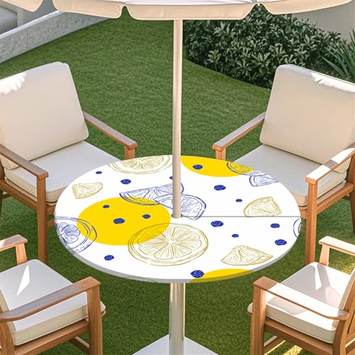 Fasbuy Zitronendruck Rund Tischdecke mit Loch Zipper, Abwaschbar Lotuseffekt Tischdecken, Outdoor Tischdecke, Elastisch Rund Gartentischdecke, Table Cloth für Garten, Parteien (Weiß,S:79-89cm) von Fasbuy
