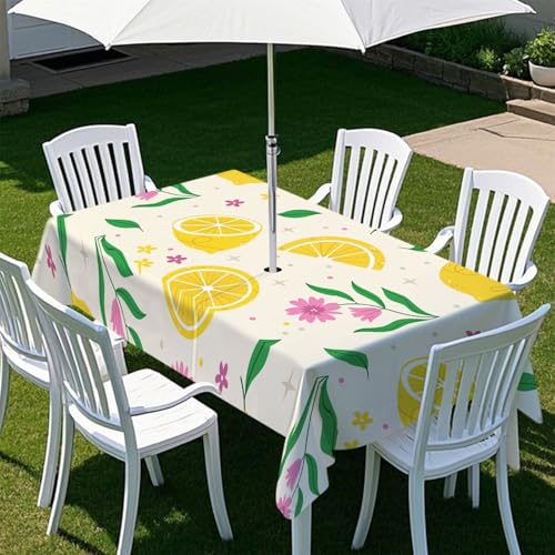 Fasbuy Zitronendruck Tischdecke Abwaschbar Outdoor, Rechteckige Tischdecken mit Schirmloch und Reißverschluss, Gartentischdecke Geburtstag, Tischtuch für Terrasse, Garten, Party (Beige,305x152cm) von Fasbuy