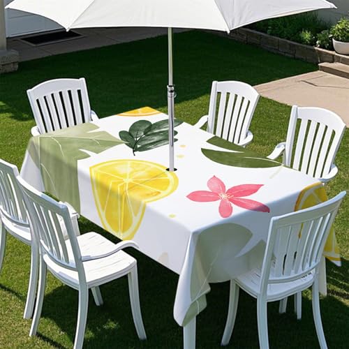 Fasbuy Zitronendruck Tischdecke Abwaschbar Outdoor, Rechteckige Tischdecken mit Schirmloch und Reißverschluss, Gartentischdecke Geburtstag, Tischtuch für Terrasse, Garten, Party (Weiß,305x152cm) von Fasbuy