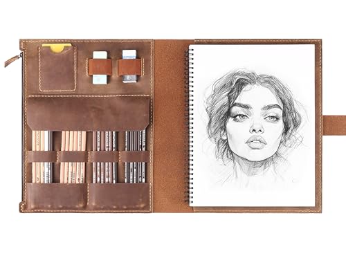 Fasjosma Skizzenbuchhülle aus Leder für A4/22,9 x 30,5 cm Skizzenblöcke, handgefertigtes Künstleretui aus echtem Leder, mit Stifthalter und Reißverschlusstasche, professionelles Zeichenzubehör (Braun von Fasjosma