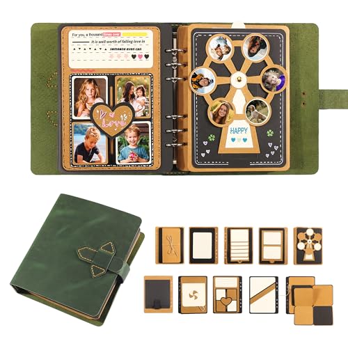 Handgefertigtes Vintage Leder Scrapbook Fotoalbum - DIY Erinnerungsbuch für Baby, Hochzeit, Familie, Jubiläum, Reisen, Geburtstag (Grün) von Fasjosma