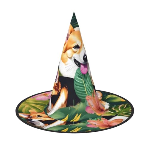 Halloween-Hut mit tropischen Blumen und Corgi-Druck, Halloween-Dekorationen, Karnevalszubehör, Dekoration für Gartenpartys im Freien Halloween-Hut mit tropischen Blumen und Corgi-Druck, Halloween-Dekorationen, Karnevalszubehör, Dekoration für Gartenpartys im Freien von Fasmm