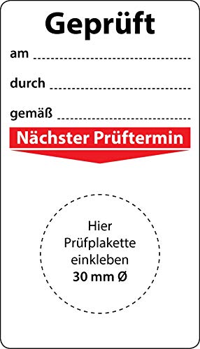 Grundplakette Geprüft am durch gemäß, 100 Stück, 70 x 40 mm, Vinylfolie, selbstklebend, Grundetikett für Prüfplaketten von Fast-Label