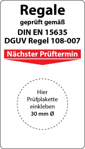 Grundplakette Regale geprüft gemäß DIN EN 15635 / DGUV Regel 108-007, 100 Stück, 70 x 40 mm, Vinylfolie, selbstklebend, Grundetikett für Regalprüfung von Fast-Label