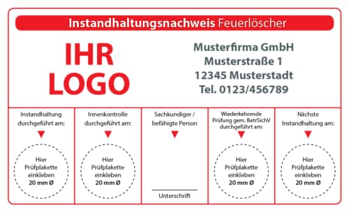 Instandhaltungsnachweis Feuerlöscher mit Firmenlogo selbst gestalten, 48 Stück, 115 x 70 mm, Vinylfolie, selbstklebend, individuell mit Firmeneindruck Instandhaltungsnachweis Feuerlöscher mit Firmenlogo selbst gestalten, 48 Stück, 115 x 70 mm, Vinylfolie, selbstklebend, individuell mit Firmeneindruck von Fast-Label