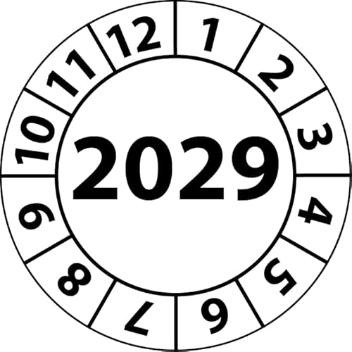 Jahresprüfplakette 2029, Vinylfolie, selbstklebend, Prüfaufkleber, Jahresplakette für das Jahr 2029 (20 mm Ø, Weiß, 100) von Fast-Label