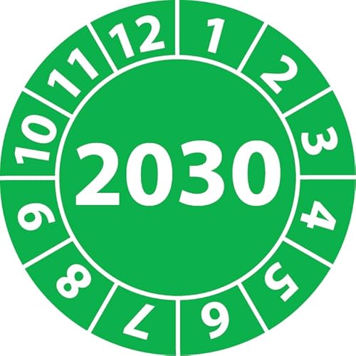 Jahresprüfplakette 2030, Vinylfolie, selbstklebend, Prüfaufkleber, Jahresplakette für das Jahr 2030 (20 mm Ø, Grün, 100) von Fast-Label