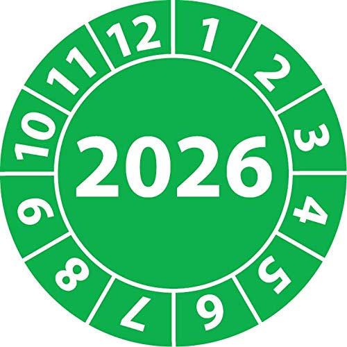 Jahresprüfplakette 2026, Vinylfolie, selbstklebend, Prüfaufkleber, Jahresplakette für das Jahr 2026 (25 mm Ø, Grün, 500) von Fast-Label