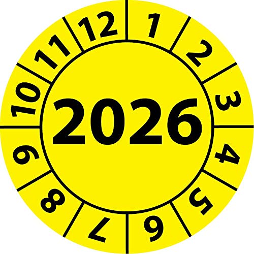 Jahresprüfplakette 2026, Vinylfolie, selbstklebend, Prüfaufkleber, Jahresplakette für das Jahr 2026 (25 mm Ø, Gelb, 250) von Fast-Label