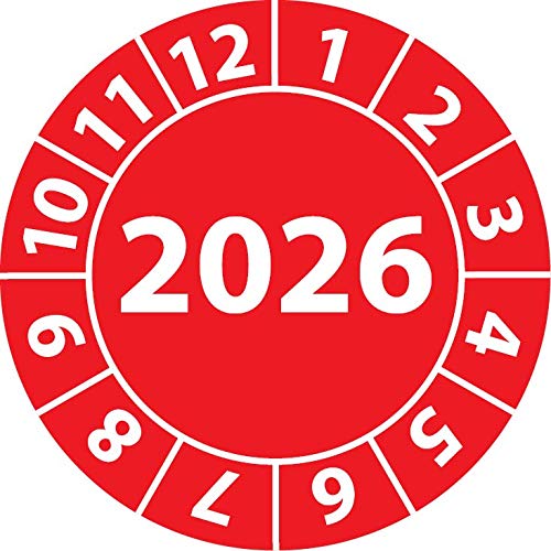 Jahresprüfplakette 2026, Vinylfolie, selbstklebend, Prüfaufkleber, Jahresplakette für das Jahr 2026 (25 mm Ø, Rot, 500) von Fast-Label