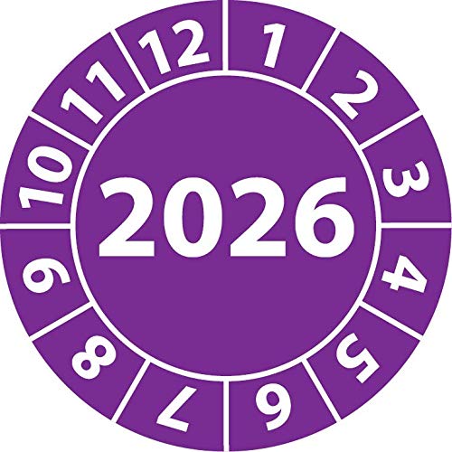 Jahresprüfplakette 2026, Vinylfolie, selbstklebend, Prüfaufkleber, Jahresplakette für das Jahr 2026 (25 mm Ø, Violett, 100) von Fast-Label