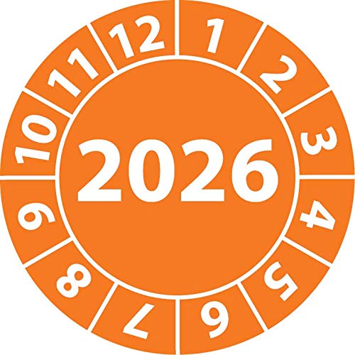 Jahresprüfplakette 2026, Vinylfolie, selbstklebend, Prüfaufkleber, Jahresplakette für das Jahr 2026 (35 mm Ø, Orange, 250) von Fast-Label