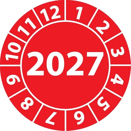 Jahresprüfplakette 2027, Vinylfolie, selbstklebend, Prüfaufkleber, Jahresplakette für das Jahr 2027 in verschiedenen Farben & Größen (20 mm Ø, Rot, 250) von Fast-Label