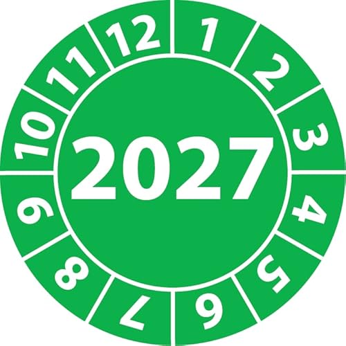 Jahresprüfplakette 2027, Vinylfolie, selbstklebend, Prüfaufkleber, Jahresplakette für das Jahr 2027 in verschiedenen Farben & Größen (20 mm Ø, Grün, 100) von Fast-Label