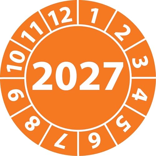 Jahresprüfplakette 2027, Vinylfolie, selbstklebend, Prüfaufkleber, Jahresplakette für das Jahr 2027 in verschiedenen Farben & Größen (20 mm Ø, Orange, 500) von Fast-Label