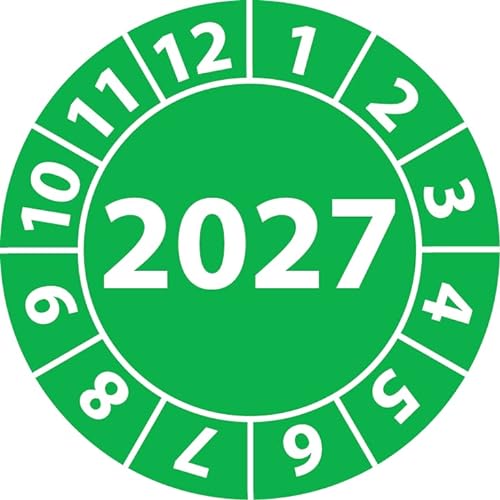Jahresprüfplakette 2027, Vinylfolie, selbstklebend, Prüfaufkleber, Jahresplakette für das Jahr 2027 in verschiedenen Farben & Größen (25 mm Ø, Grün, 500) von Fast-Label