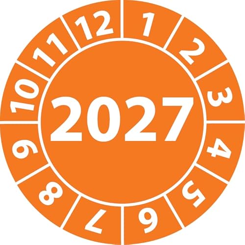 Jahresprüfplakette 2027, Vinylfolie, selbstklebend, Prüfaufkleber, Jahresplakette für das Jahr 2027 in verschiedenen Farben & Größen (30 mm Ø, Orange, 250) von Fast-Label