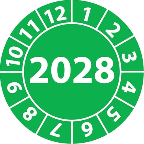 Jahresprüfplakette 2028, Vinylfolie, selbstklebend, Prüfaufkleber, Jahresplakette für das Jahr 2028 (20 mm Ø, Grün, 100) von Fast-Label