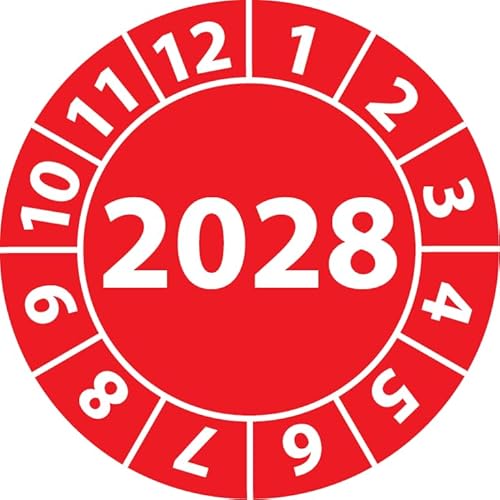 Jahresprüfplakette 2028, Vinylfolie, selbstklebend, Prüfaufkleber, Jahresplakette für das Jahr 2028 (20 mm Ø, Rot, 500) von Fast-Label