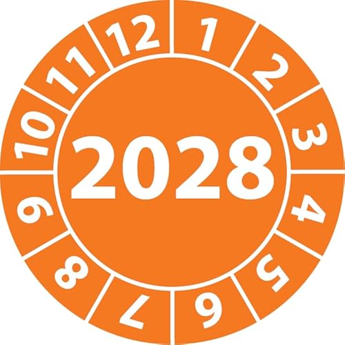 Jahresprüfplakette 2028, Vinylfolie, selbstklebend, Prüfaufkleber, Jahresplakette für das Jahr 2028 (20 mm Ø, Orange, 500) von Fast-Label