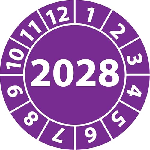 Jahresprüfplakette 2028, Vinylfolie, selbstklebend, Prüfaufkleber, Jahresplakette für das Jahr 2028 (25 mm Ø, Violett, 500) von Fast-Label