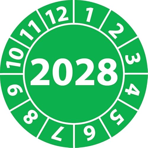 Jahresprüfplakette 2028, Vinylfolie, selbstklebend, Prüfaufkleber, Jahresplakette für das Jahr 2028 (30 mm Ø, Grün, 500) von Fast-Label