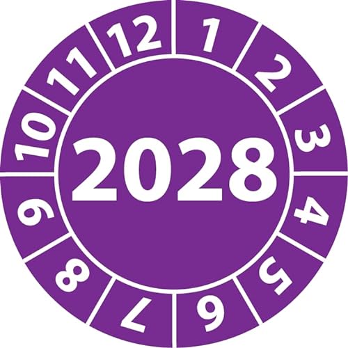 Jahresprüfplakette 2028, Vinylfolie, selbstklebend, Prüfaufkleber, Jahresplakette für das Jahr 2028 (30 mm Ø, Violett, 100) von Fast-Label
