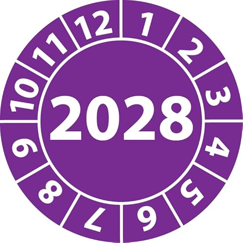 Jahresprüfplakette 2028, Vinylfolie, selbstklebend, Prüfaufkleber, Jahresplakette für das Jahr 2028 (35 mm Ø, Violett, 500) von Fast-Label