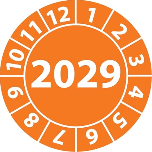 Jahresprüfplakette 2029, Vinylfolie, selbstklebend, Prüfaufkleber, Jahresplakette für das Jahr 2029 (30 mm Ø, Orange, 100) von Fast-Label