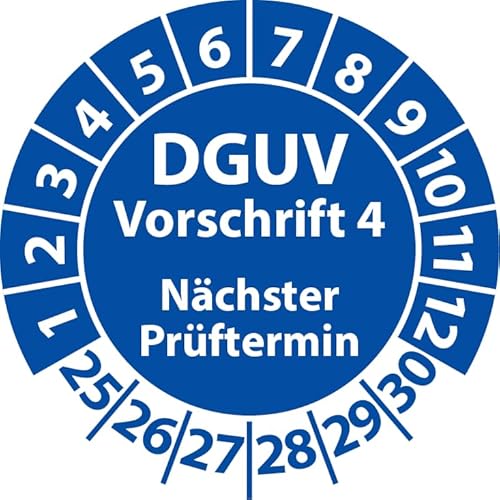 Prüfplakette DGUV Vorschrift 4 Nächster Prüftermin, selbstklebend, Prüfaufkleber, Prüfetikett, Plakette DGUV V4 (25 mm Ø, Blau, 500) von Fast-Label