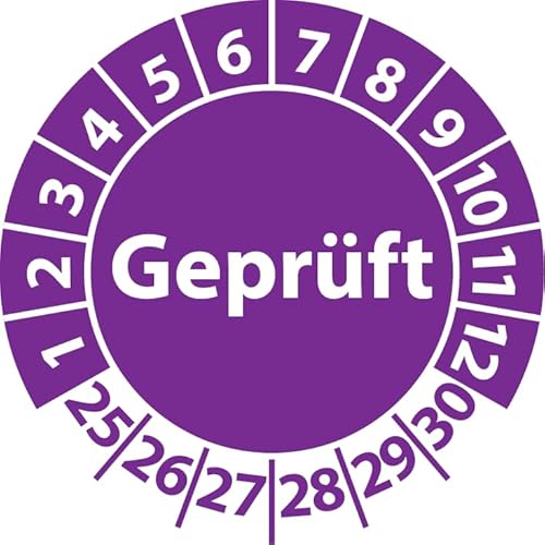 Prüfplakette Geprüft, Vinylfolie, selbstklebend, Prüfaufkleber, Prüfetikett, Plakette (20 mm Ø, Violett, 100) von Fast-Label