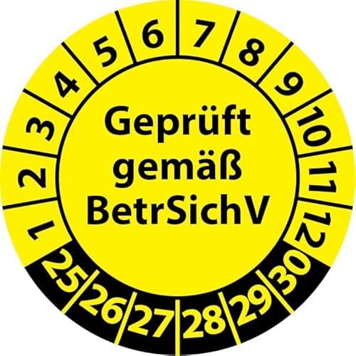 Prüfplakette Geprüft gemäß BetrSichV, Vinylfolie, Prüfaufkleber, Prüfetikett, Plakette (20 mm Ø, Gelb, 250) von Fast-Label