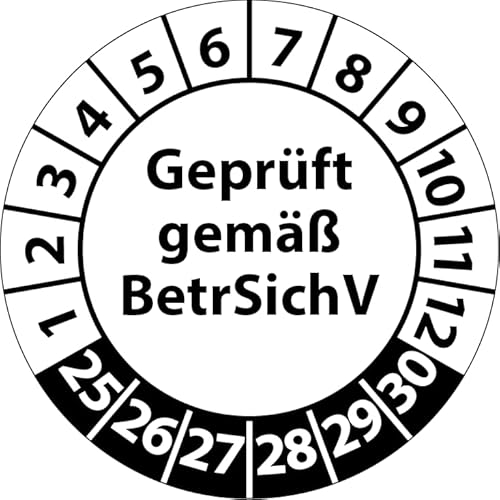 Prüfplakette Geprüft gemäß BetrSichV, Vinylfolie, Prüfaufkleber, Prüfetikett, Plakette (30 mm Ø, Weiß, 500) von Fast-Label