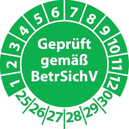 Prüfplakette Geprüft gemäß BetrSichV, Vinylfolie, Prüfaufkleber, Prüfetikett, Plakette (30 mm Ø, Grün, 100) von Fast-Label