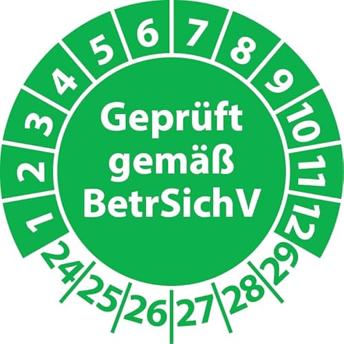 Prüfplakette Geprüft gemäß BetrSichV, Vinylfolie, Prüfaufkleber, Prüfetikett, Plakette (30 mm Ø, Grün, 250) von Fast-Label