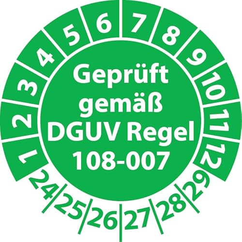 Prüfplakette Geprüft gemäß DGUV Regel 108-007 Lagereinrichtungen, Vinylfolie, Prüfaufkleber, Prüfetikett, Plakette (25 mm Ø, Grün, 250) von Fast-Label