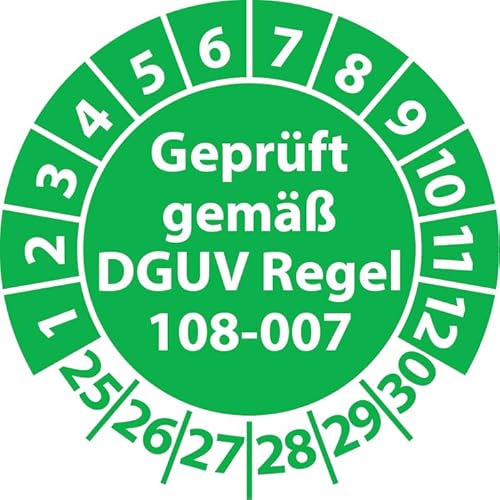 Prüfplakette Geprüft gemäß DGUV Regel 108-007 Lagereinrichtungen, Vinylfolie, Prüfaufkleber, Prüfetikett, Plakette (25 mm Ø, Grün, 250) von Fast-Label