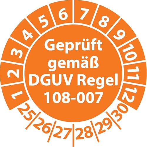 Prüfplakette Geprüft gemäß DGUV Regel 108-007 Lagereinrichtungen, Vinylfolie, Prüfaufkleber, Prüfetikett, Plakette (30 mm Ø, Orange, 500) von Fast-Label