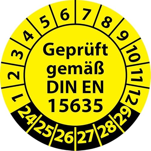 Prüfplakette Geprüft gemäß DIN EN 15635 Lagereinrichtungen, Vinylfolie, Prüfaufkleber, Prüfetikett, Plakette (20 mm Ø, Gelb, 500) von Fast-Label
