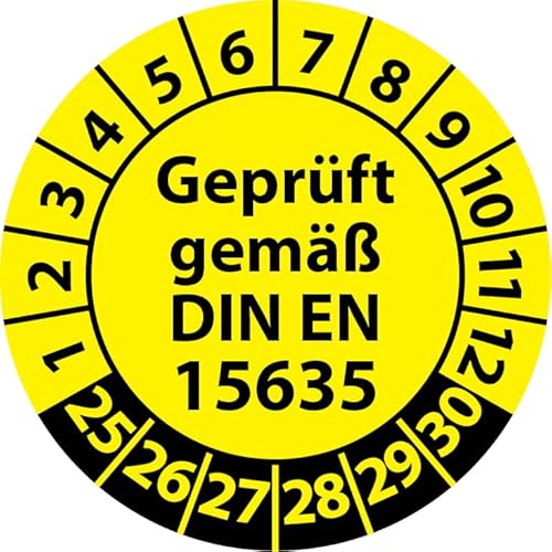 Prüfplakette Geprüft gemäß DIN EN 15635 Lagereinrichtungen, Vinylfolie, Prüfaufkleber, Prüfetikett, Plakette (25 mm Ø, Gelb, 250) von Fast-Label