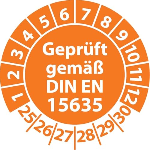 Prüfplakette Geprüft gemäß DIN EN 15635 Lagereinrichtungen, Vinylfolie, Prüfaufkleber, Prüfetikett, Plakette (30 mm Ø, Orange, 250) von Fast-Label