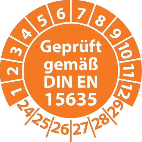 Prüfplakette Geprüft gemäß DIN EN 15635 Lagereinrichtungen, Vinylfolie, Prüfaufkleber, Prüfetikett, Plakette (30 mm Ø, Orange, 250) von Fast-Label