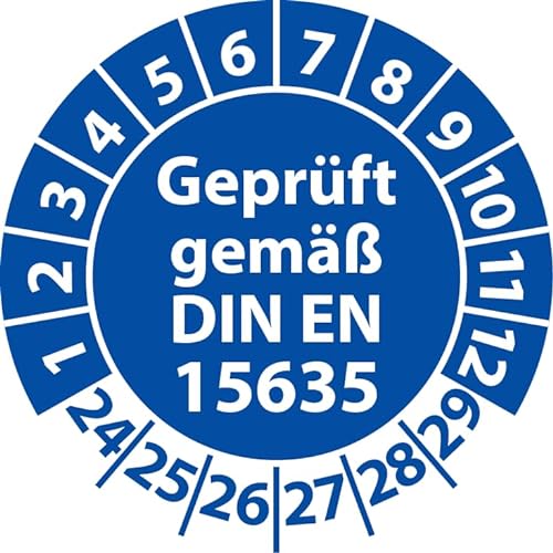 Prüfplakette Geprüft gemäß DIN EN 15635 Lagereinrichtungen, Vinylfolie, Prüfaufkleber, Prüfetikett, Plakette (30 mm Ø, Blau, 500) von Fast-Label