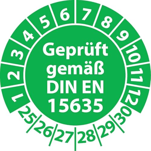 Prüfplakette Geprüft gemäß DIN EN 15635 Lagereinrichtungen, Vinylfolie, Prüfaufkleber, Prüfetikett, Plakette (30 mm Ø, Grün, 100) von Fast-Label
