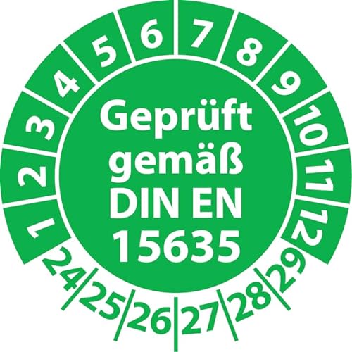 Prüfplakette Geprüft gemäß DIN EN 15635 Lagereinrichtungen, Vinylfolie, Prüfaufkleber, Prüfetikett, Plakette (30 mm Ø, Grün, 100) von Fast-Label