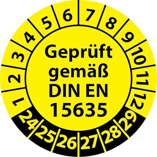 Prüfplakette Geprüft gemäß DIN EN 15635 Lagereinrichtungen, Vinylfolie, Prüfaufkleber, Prüfetikett, Plakette (35 mm Ø, Gelb, 500) von Fast-Label